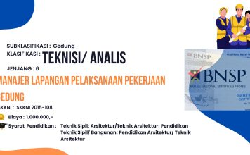 Pembuatan SKK (Sertifikat Kompetensi Kerja) – Manajer Lapangan Pelaksanaan Pekerjaan Gedung – Jenjang 6